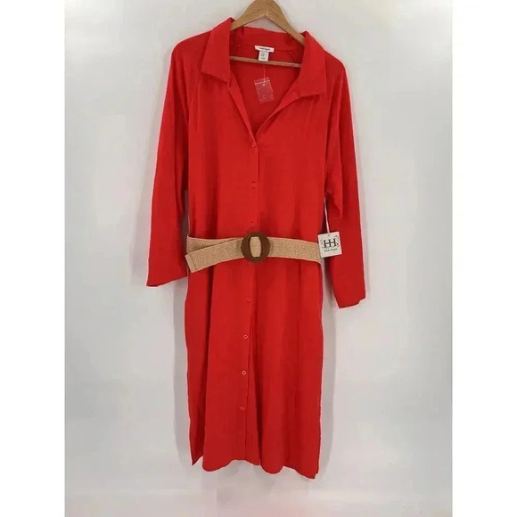 NWT Haute Hippie Long Sleeve Button Down Linen Red Shirt Dress With Belt XLARGE - Picture 7 of 12